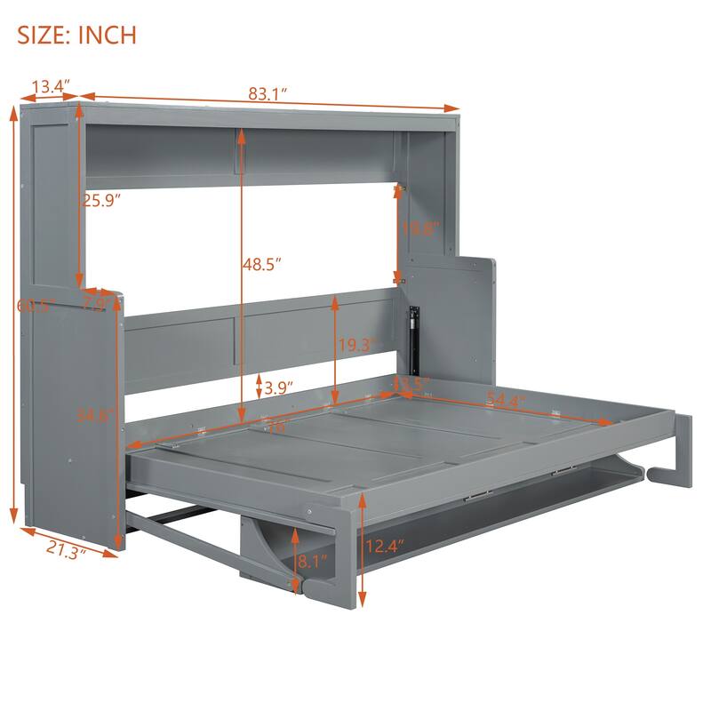 Full Size Wall Murphy Bed with Desk & Storage Shelf, Solid Wood Platform Bed Frame w/Hydraulic Lift for Guest Room Home Office