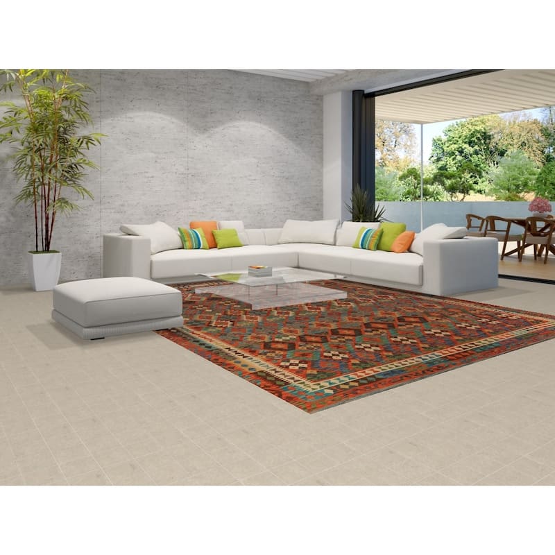 Geometric Kilim Oriental Area Rug Hand-Woven Wool Carpet - 10'1"x 12'11"