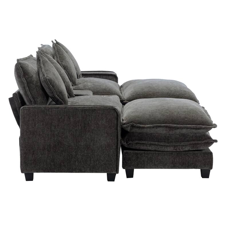 111" Grey Chenille Sectional Sofa with 2 Removable Ottomans, USB Ports, Cup Holders & Storage Box