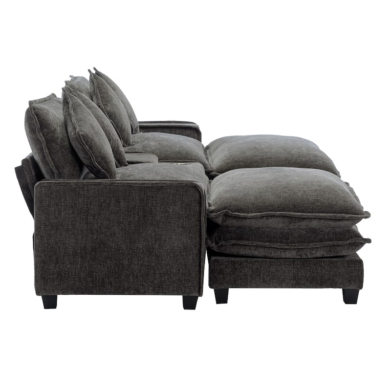 Roomfitters Chenille Sectional Sofa with 2 Ottomans, USB Ports, Cup Holders and Storage Box for Living Room