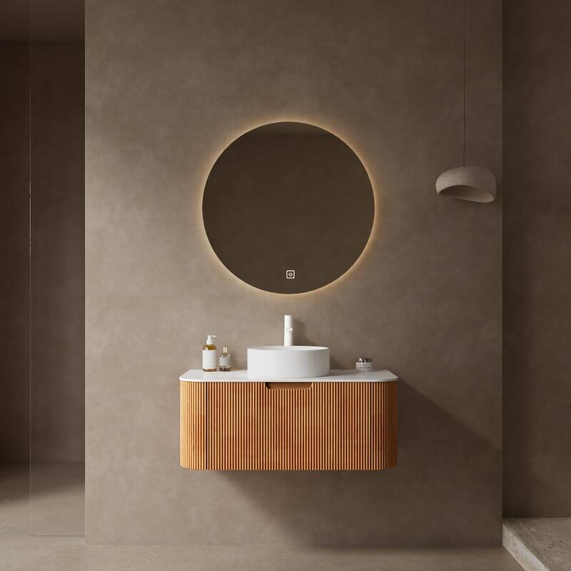 Walnut 24/30/36inch Bathroom Vanity with White Ceramic Vessel Sink, Wall Mounted Floating - 36inch