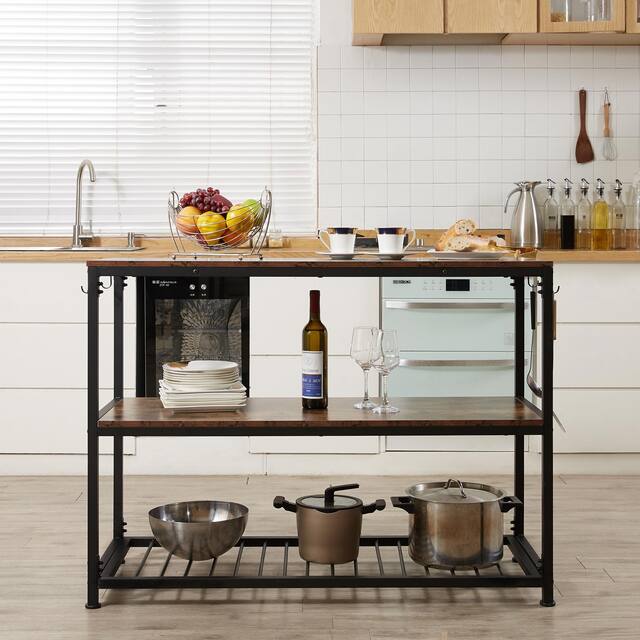 Multifunction Kitchen Island with Undershelves and Side Hooks