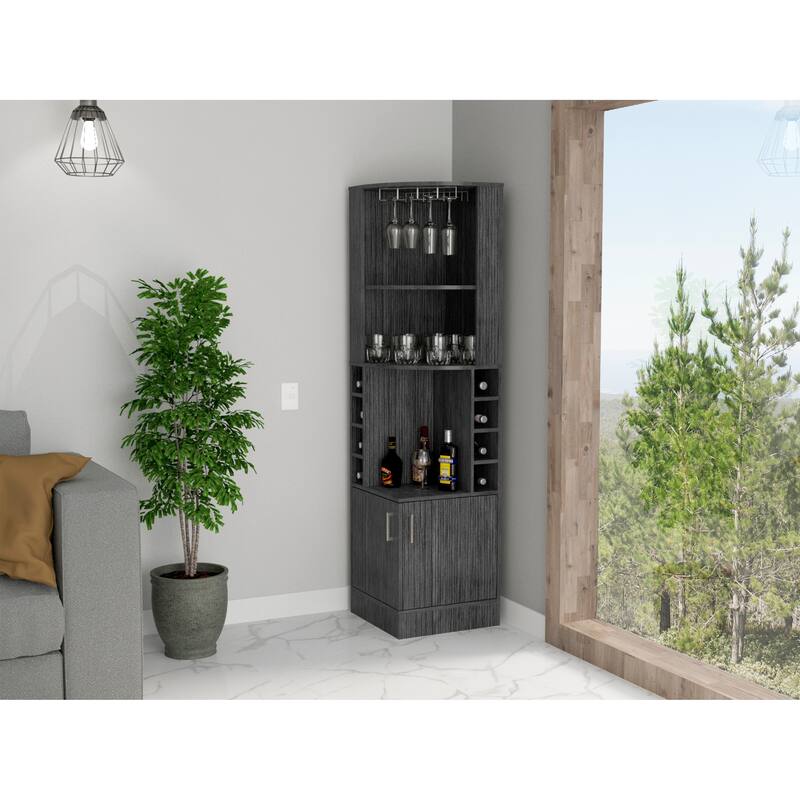 FM Furniture The Seattle Corner Bar Cabinet with 3 Open Shelves, Glass Rack, 8 Bottle Cubbies, and Double Doors - Smokey Oak