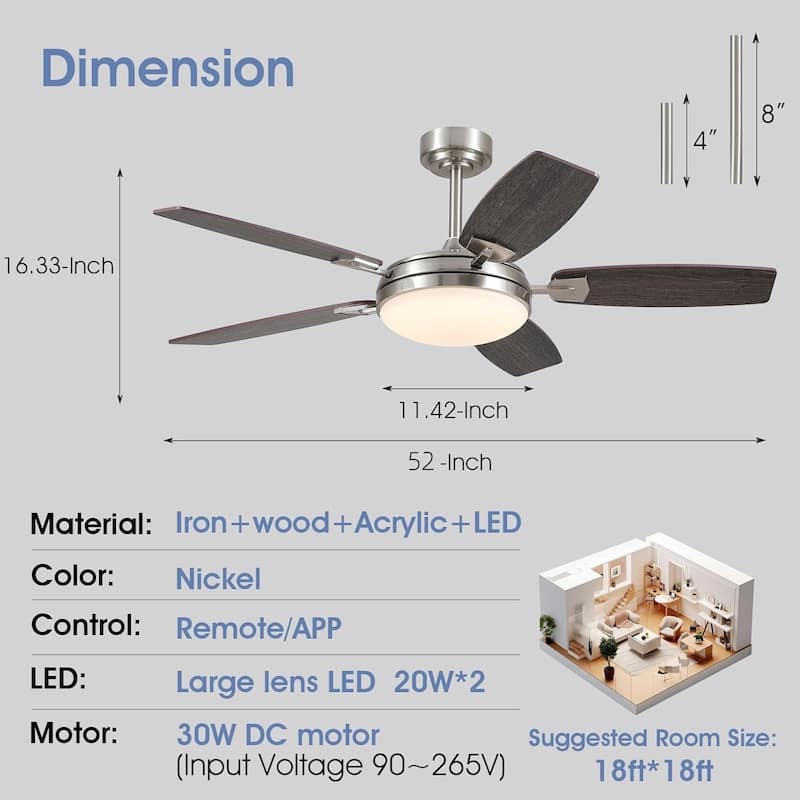 52/66/72 Inch Downrod Ceiling Fan with Light,Plywood Blades,Reversible DC Motor