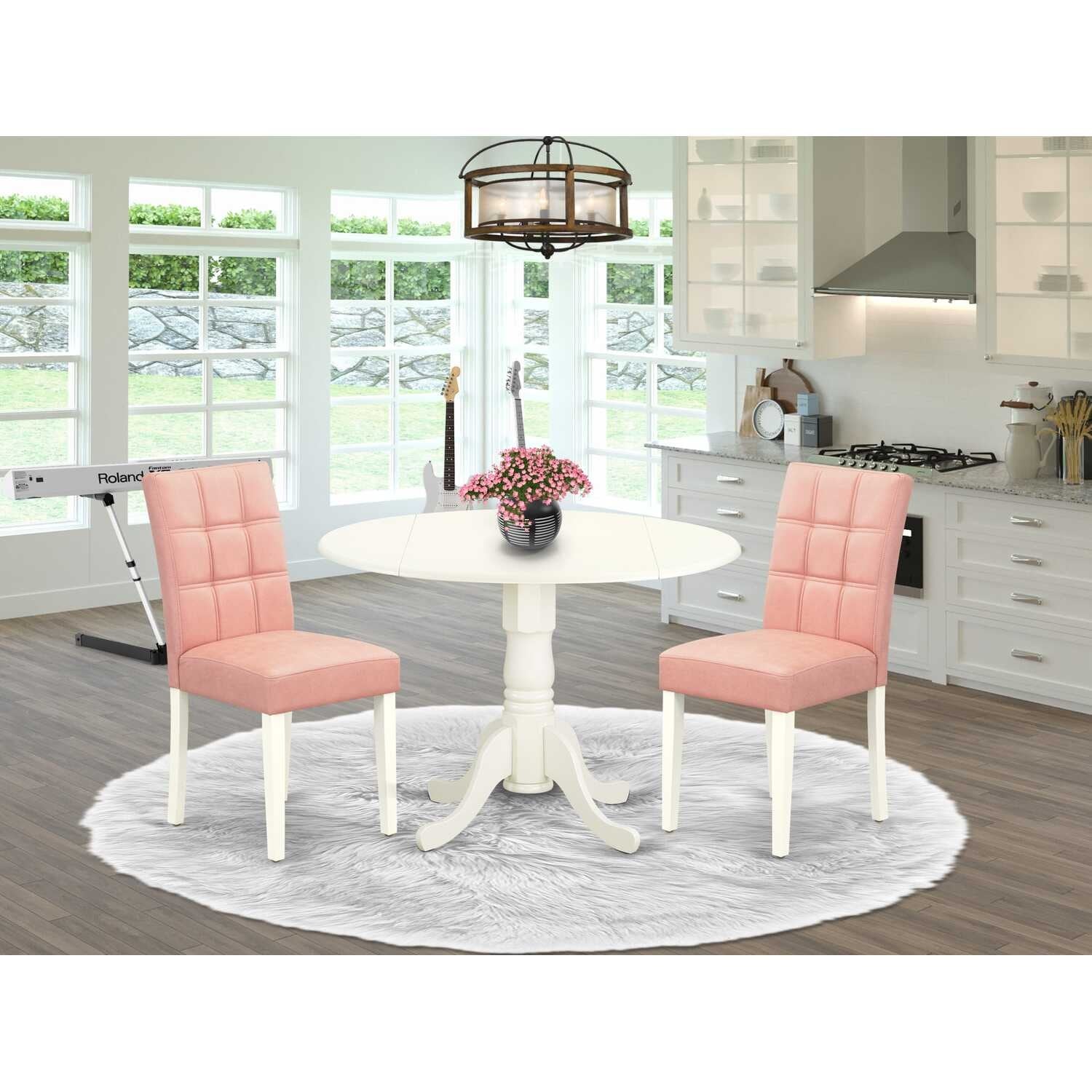 Round Dining Table Set with 2 Chairs - 3 Piece Kitchen Table, Linen White