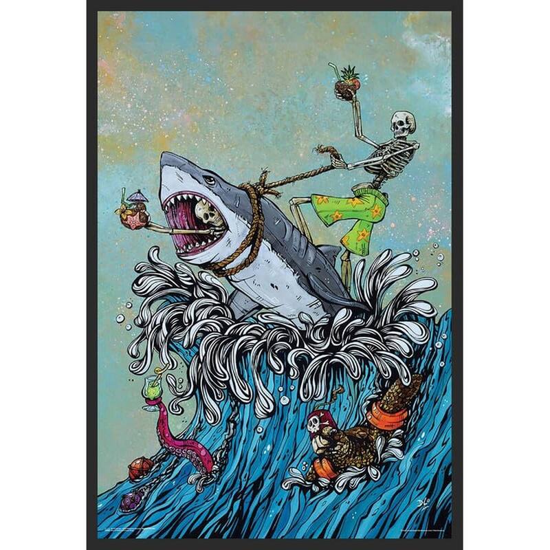 Great White Wave - 2 Skeletons Riding Shark Framed Poster - 24 x 36 Inch