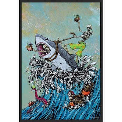 Great White Wave - 2 Skeletons Riding Shark Framed Poster - 24 x 36 Inch