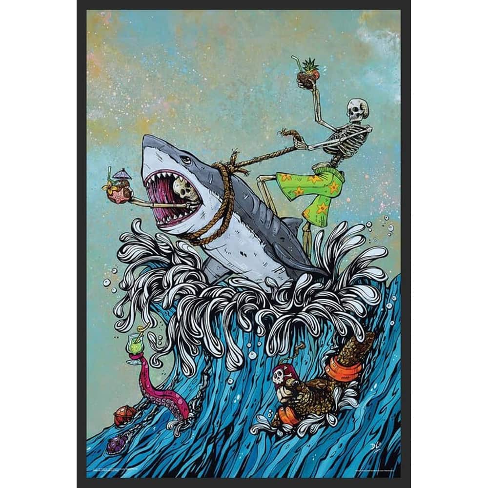 Great White Wave - 2 Skeletons Riding Shark Framed Poster - 24 x 36 Inch