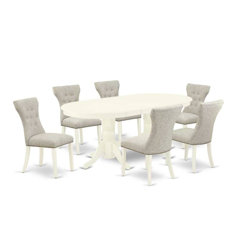 Retro Dining Table Set - 7 Piece Modern Table & Chairs - Linen White Finish - Hardwood Frame - Butterfly Leaf Design - 76