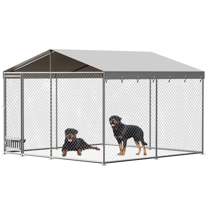 10x10 FT Outdoor Dog Kennel Pet Cage with Feeding Device Waterproof Roof - Silver