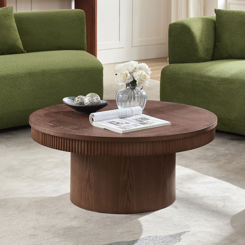35.43" Walnut Round Coffee Table with Solid Wood Ribbed Wave Trim