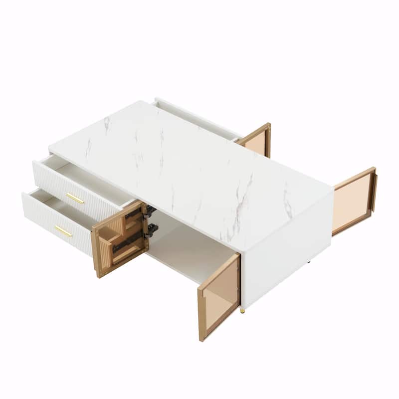 47.2'' Modern White Coffee Table with Glass Door Storage, 4 Drawers and Multi-Color Lighting