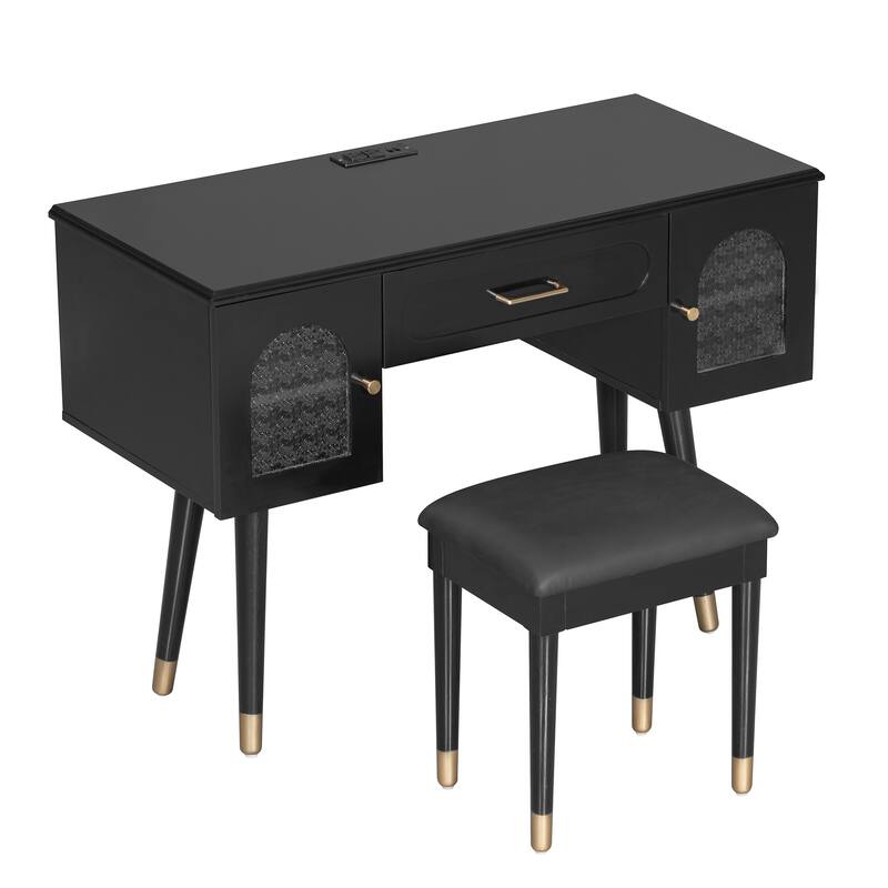 Elegant Vanity Makeup Table & Chair Set, Modern Dressing Table with Organizer, Writing Desk, Charging Port, Black