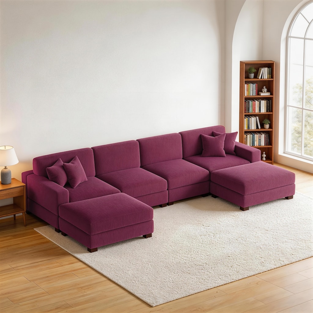 Corduroy Modular Sectional Sofa with Ottoman for Living Room Seating