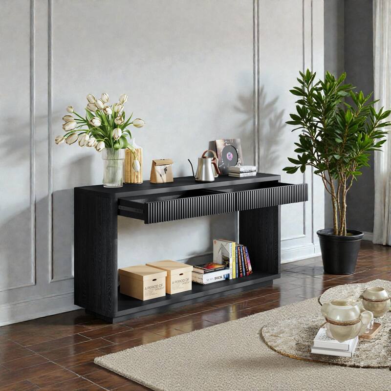 60" Modern Fluted Console Table with 2 Drawers, Natural Wood Veneer Sofa Table for Living Room Hallway Entryway