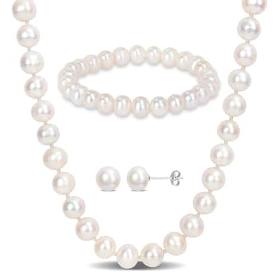 Miadora Cultured Freshwater Pearl Necklace Bracelet and Earrings Jewelry Set