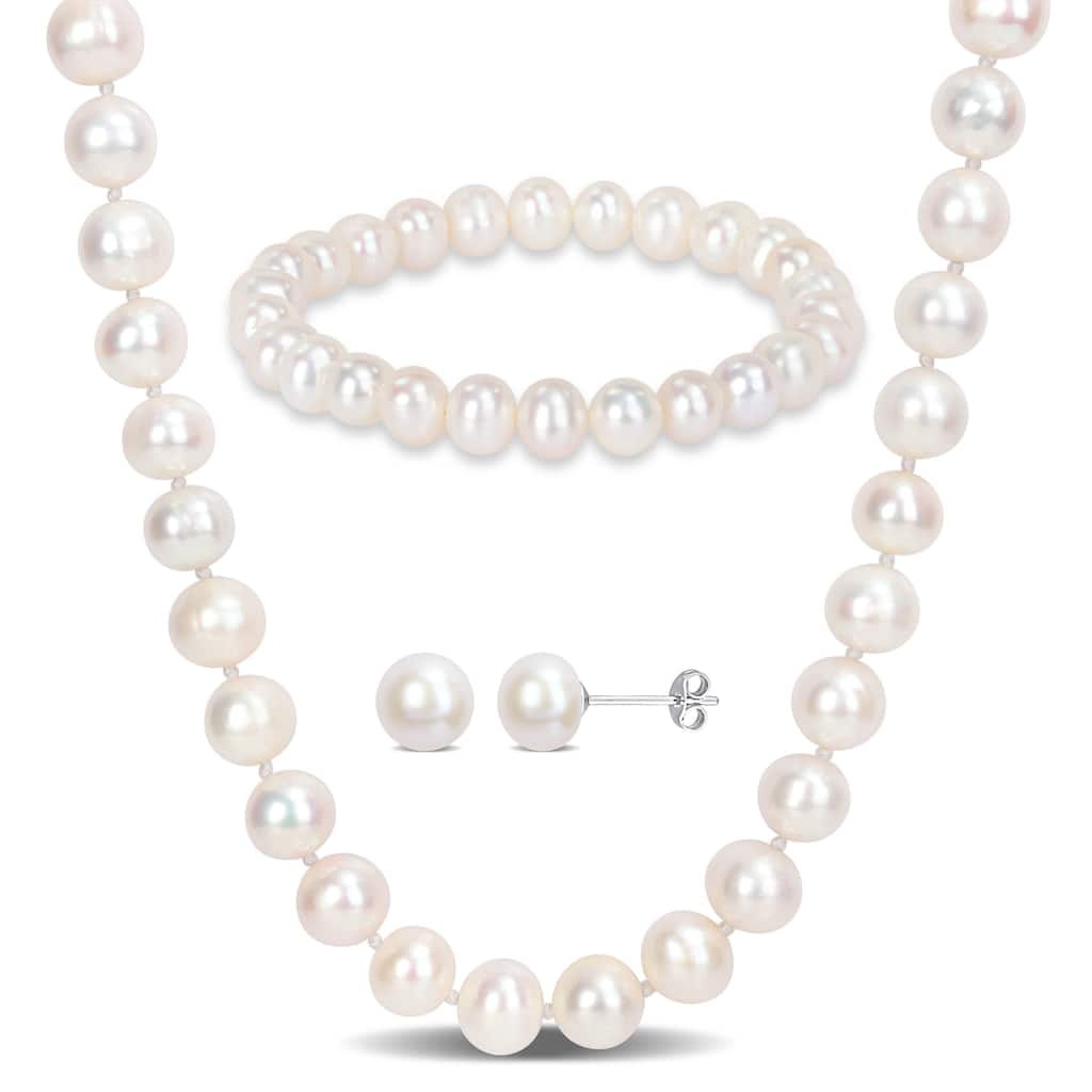 Miadora Cultured Freshwater Pearl Necklace Bracelet and Earrings Jewelry Set