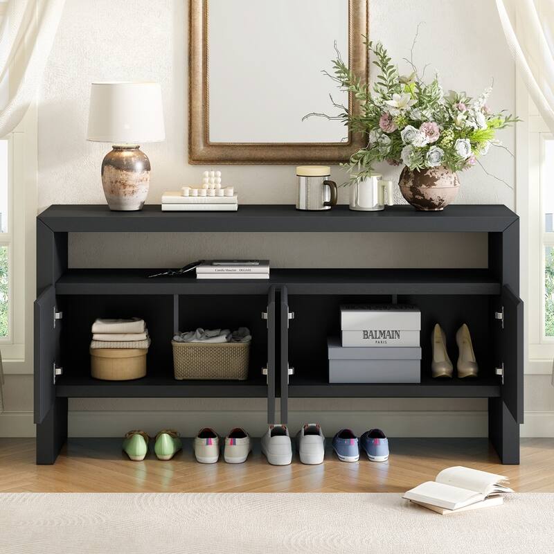 Solid Wood Veneer Sideboard with Open Shelf