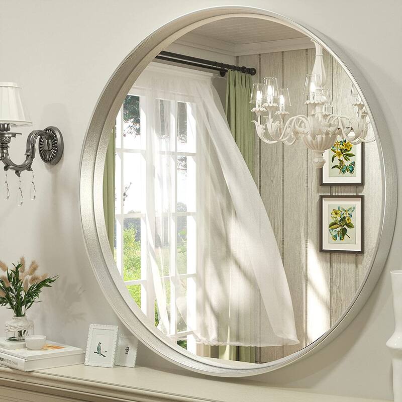 TETOTE Round Metal Frame Mirror Wall Mounted Bathroom Vanity Mirror - 36 IN - Silver