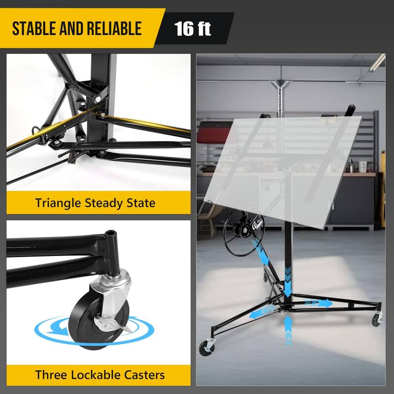 Drywall Lift 150lb Capacity Heavy Duty Sheetrock Hoist w/Telescopic Arm & Locking Wheels, Steel Panel Lifter for Ceiling