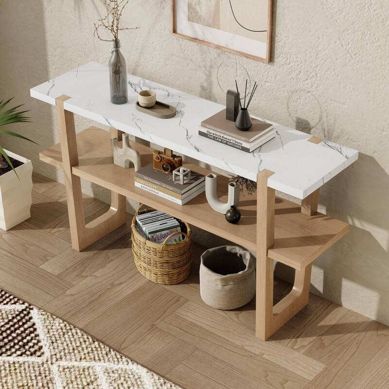 Elegant Console Table with Marble-Effect Top and Versatile Storage Solutions for Entryway and Living Room - Natural