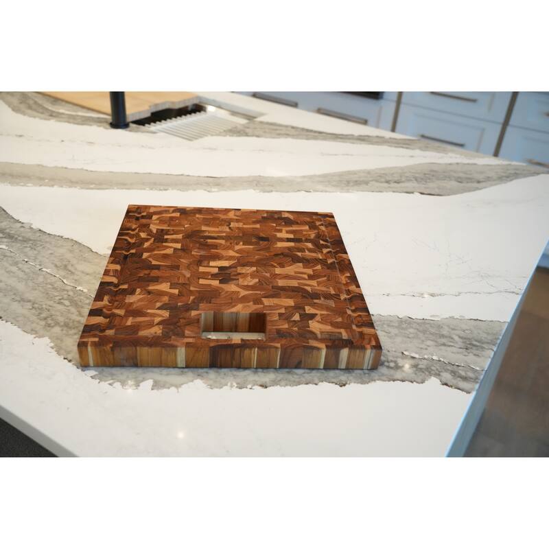 EcoDecors, Teak End Grain Cutting Board 17" x 18" FSC Teak Butcher Block, Juice Groove, Waste Chute, Handles