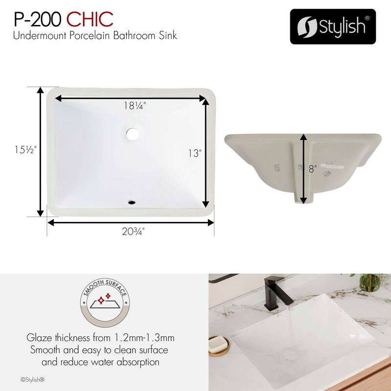 STYLISH Porcelain Rectangular 20 3/4-inches Undermount Ceramic Bathroom Sink with Overflow