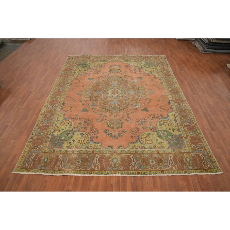 Hand Knotted Oriental 100% Wool Carpet Traditional Floral Coral Tabriz Area Rug - 11' 10'' X 9' 3''