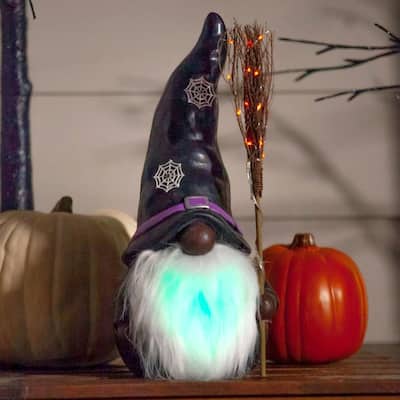 16"H LED Resin statuary, Black Witch Gnome with BlackHhat