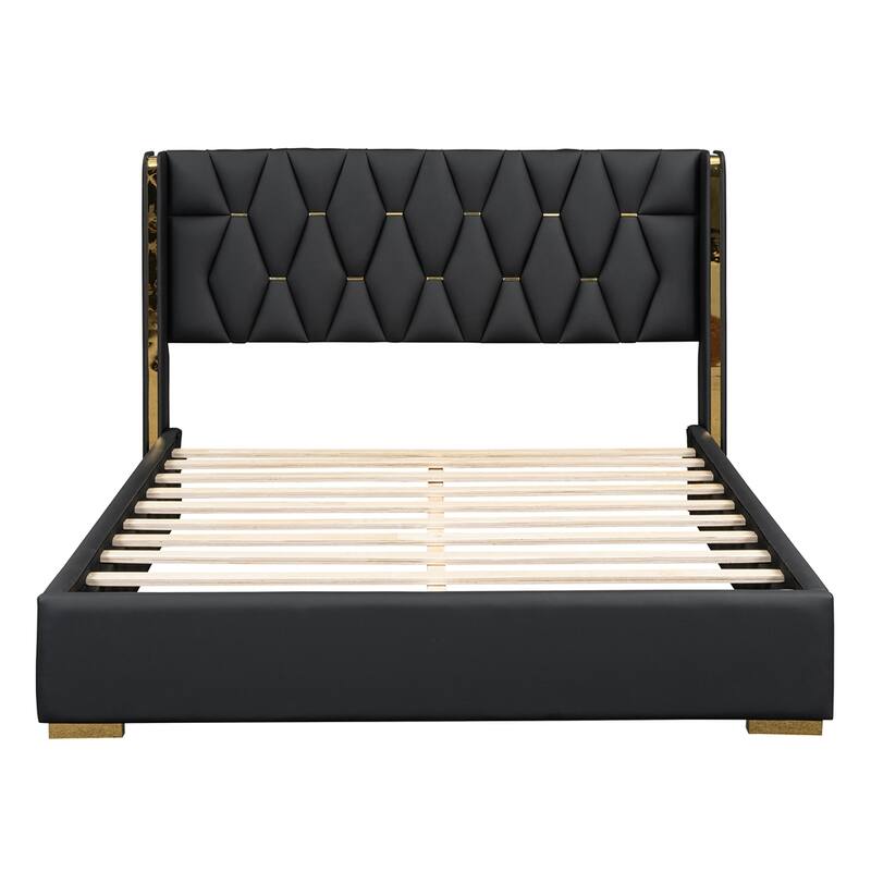 Full Size Upholstered Platform Bed with Metal Strips - Black