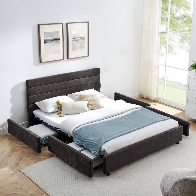 Modern Queen Size Upholstered Bed with Drawers, Velvet Fabric, Dark Grey - DARK GREY