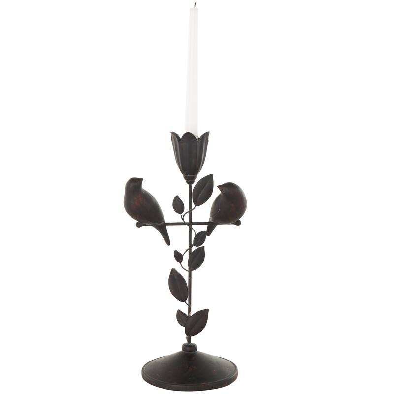Black Polystone Perching Bird Decorative Sculpture with Leaf Vine and Copper Shading