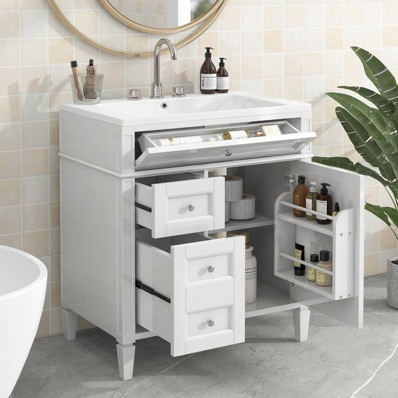 30'' Modern Bathroom Vanity with Top Sink, 2 Drawers and Tip-out Drawer - With Sink - White
