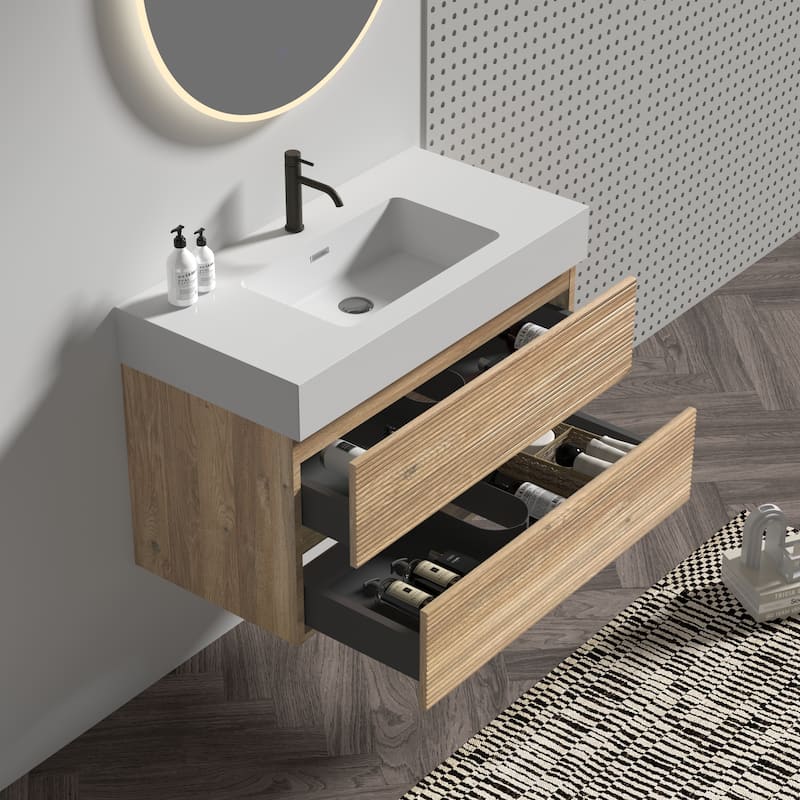 Wall Mounted Floating Bathroom Vanity with Engineered Quartz Sink and Soft Drawers