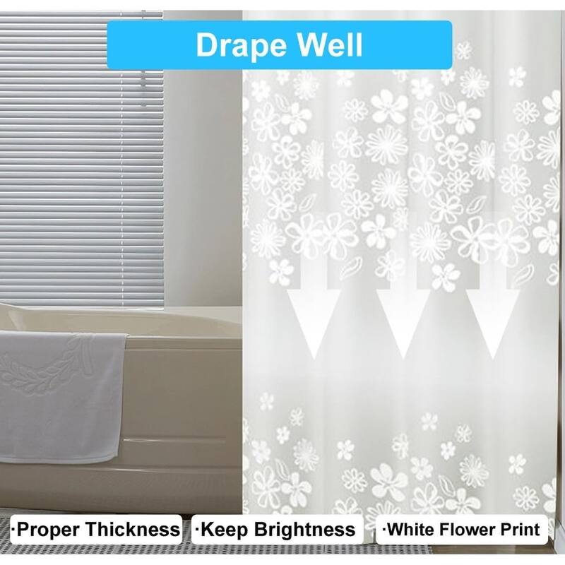 Shower Curtain Liner With 12 Plastic Hooks 72x72 Inches (White Flower)