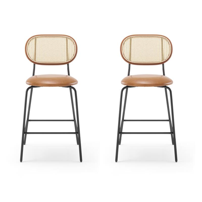 24 in. Rattan Counter Height Bar Stools with Faux Leather Seat (set of 2)