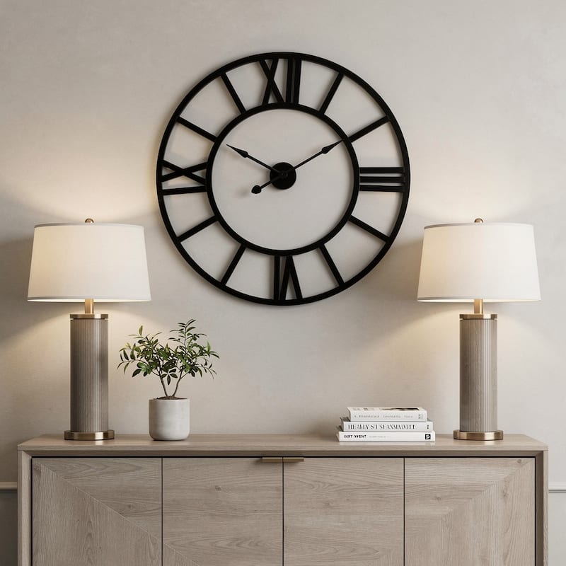 HomeRoots 30" Black Iron Analog Round Wall Clock - 30.00 in. x 30.00 in. x 1.63 in. - 30.00 in. x 30.00 in.  x 1.63 in.