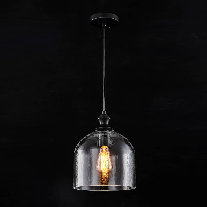 1-Light Modern Industrial Dome Pendant Light with Bell Shape Clear Hammered Glass and Adjustable Hanging Height