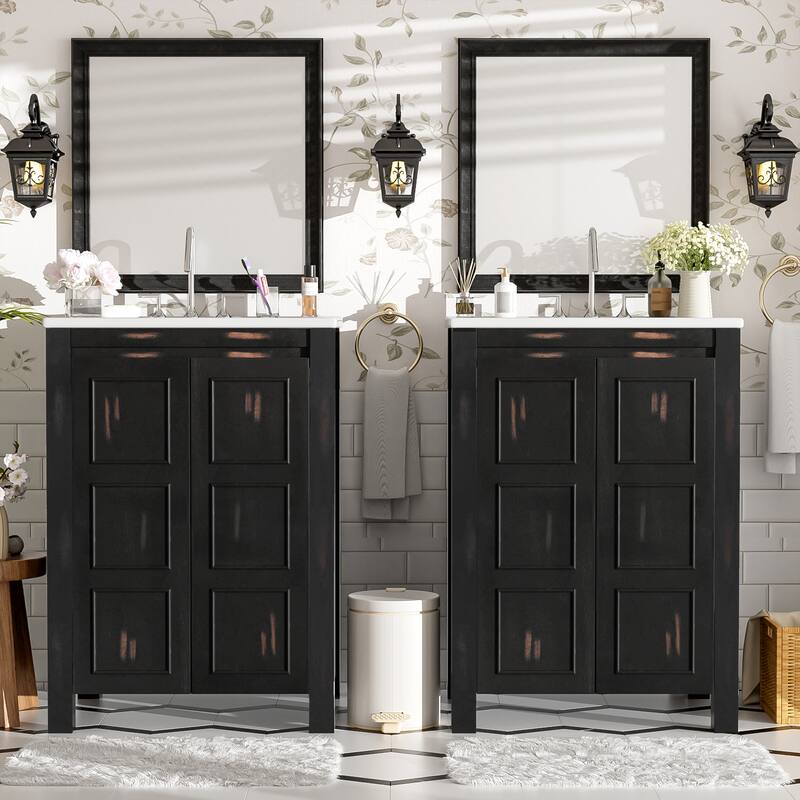 48" Classic Double Vanity Bathroom Set – Features Separate Vanities, Dual Ceramic Sinks, Storage Shelf, and Soft-Close Doors‌ - 48" - Espresso