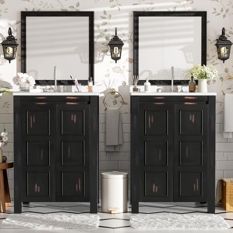 GDFStudio - Aurora Wood Bathroom Vanity Set with Ceramic Sink and Divided Drawers