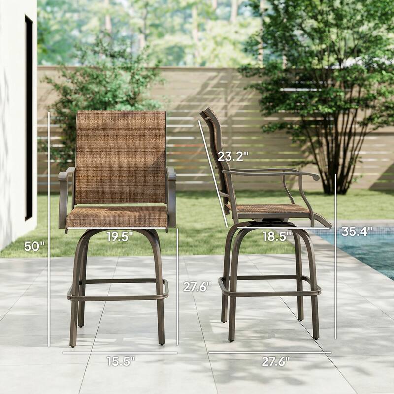 Outsunny Set of 2 Outdoor Swivel Bar Stools with Armrests, Bar Height Patio Chairs with Steel Frame for Balcony, Poolside