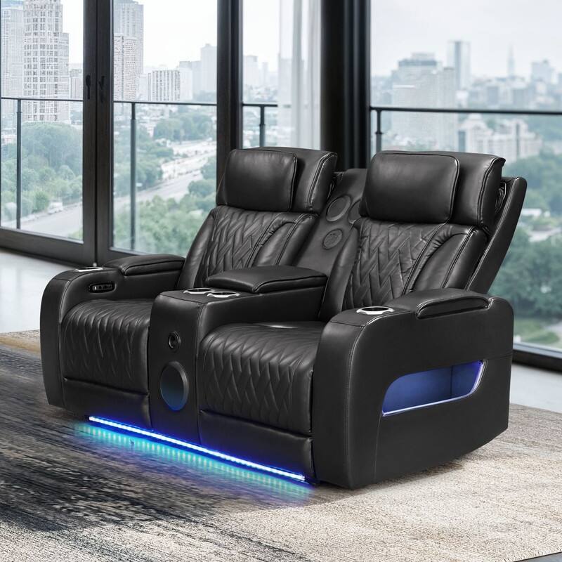 Jazz 74"W Leather Aire Power Reclining Loveseat w/Power Headrest, Bluetooth Speakers, LED, USB Ports, Storage & Cupholders