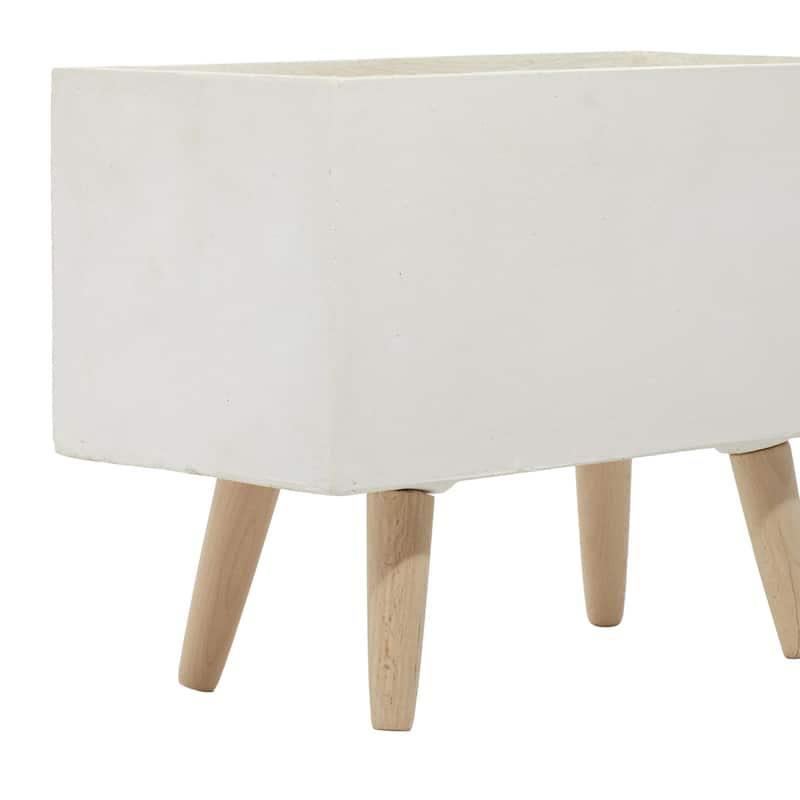 Fiberclay Ceramic Rectangular Indoor Outdoor Planter with Brown Wooden Legs - Set of 2 White - Roche River Decor