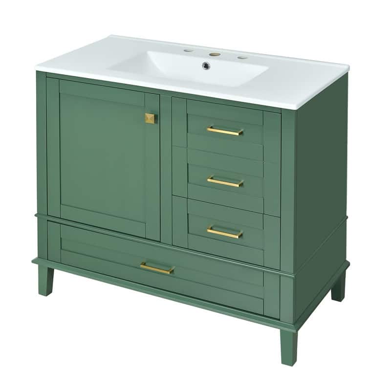 Contemporary 36-inch White Bathroom Vanity Cabinet with a Sturdy Pine Frame, 1 Soft Close Door and 3 Drawers.