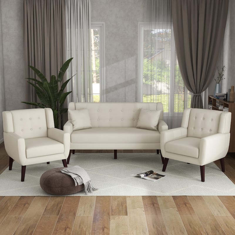 3-Piece Mid-Century Modern Living Room Set with Loveseat and 2 Chairs - White