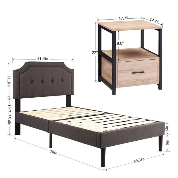 dimension image slide 11 of 13, VECELO 3-Pieces Modern Upholstered Bed with Height Adjustable Headboard and Nightstands Sets