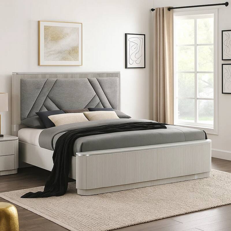Alda King Bed, Upholstered Geometric Headboard, Light Gray Reeded Wood