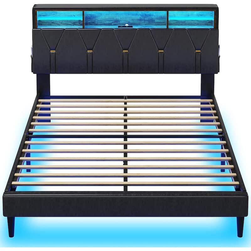 Bed Frame Storage Headboard RGB LED Lights Upholstered Platform - Black - Queen