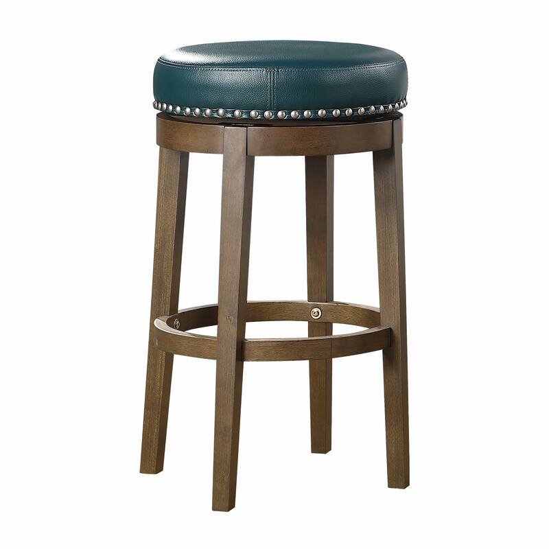 2-Piece Round Swivel Bar Stool Set - Green Faux Leather with Nailhead Trim & Brown Frame