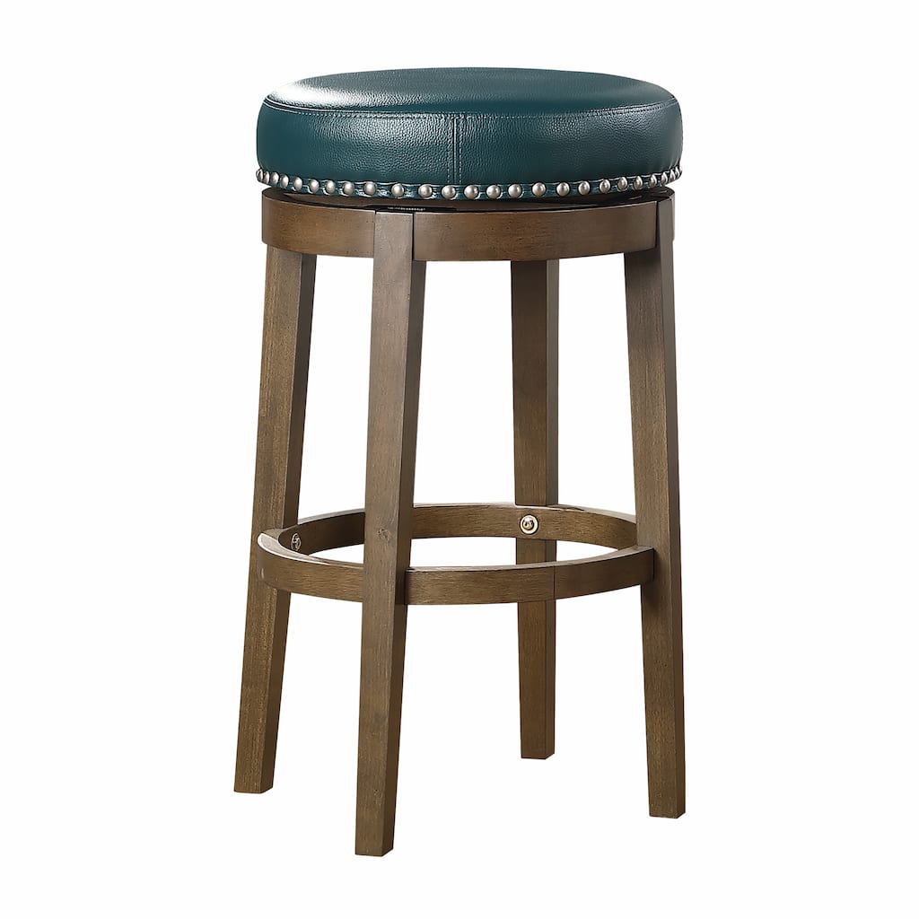 2-Piece Round Swivel Bar Stool Set - Green Faux Leather with Nailhead Trim & Brown Frame